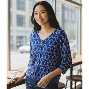 Talbots Cardigan‎ Sweater Women's XL Blue Chain Print Button Front 3/4 Sleeve